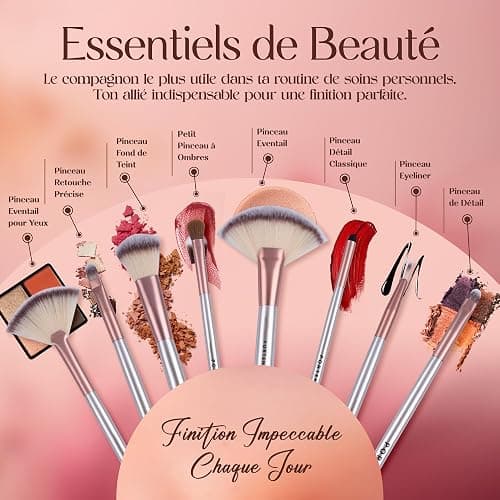 PORTENTUM Pinceaux maquillages Lot de 18 avec étui de voyage, manche en bois professionnel Kabuki en fibre synthétique de qualité supérieure pour fond de teint thumbnail 5