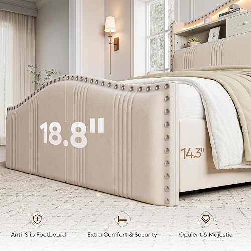 CIKUNASI 51.5" Full Size Bed Frame with Headboard and Storage | Velvet Upholstered Bed Frame with LED Lights & Charging Station | No Box Spring Needed Tall Footboard White thumbnail 3