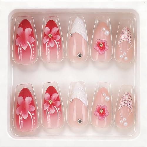 24Pcs Pink Press on Nails Medium Almond Fake Nails with 3D Flower Designs Stick on Nails Pink Gradient False Nails Spring Summer Floral Acrylic Nails Starfish Reusable Glossy Acrylic Nails for Women thumbnail 6