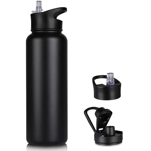 VQRRCKI 40 oz Insulated Water Bottle with Straw, Stainless Steel Sports Water Bottles with 2 Lids (Straw and Wide Mouth lid), Double Wall Vacuum, Leakproof, BPA-Free, Black - Image 1