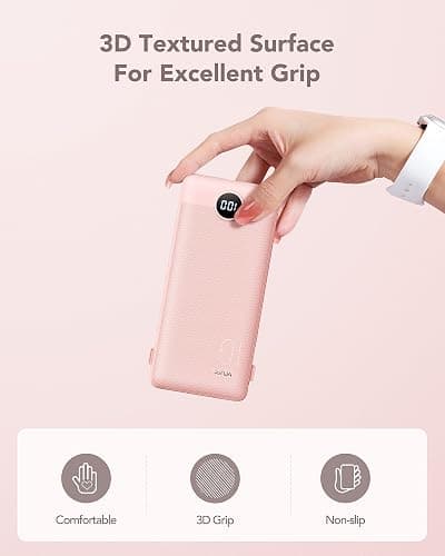 VRURC 10000mAh Portable Charger with Built-in Cables and AC Wall Plug Ultra Slim Power Bank USB C Phone Charger 5 Output 2 Input External Battery Pack LED Display Compatible with All mobilephone-Pink thumbnail 9