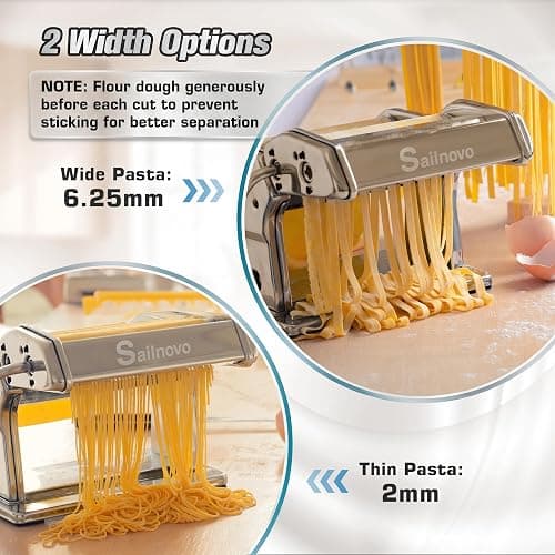 Sailnovo 3-in-1 Pasta Maker with 9-Setting Pasta Roller & Cutters, Silver | 9 Thickness & 2 Width Settings| Stainless Steel Body Rust Resistant| Easy Clean| For Spaghetti, Fettuccine, Lasagna and More thumbnail 5