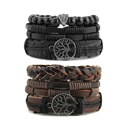 HZMAN Genuine Leather Tree of life Bracelets Men Women, Tiger Eye Natural Stone Lava Rock Beads Ethnic Tribal Elastic Bracelets Wristbands - Image 1