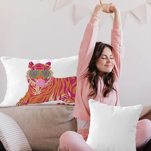 YeiHe Pink and Orange Tiger Pillow Cover 12x20, Coquette Trendy Preppy White Tiger Throw Pillow Covers, Coquette Room Decor, Preppy School Supplies thumbnail 2