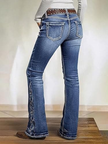 Flamingals Women's Buttoned Hem Bootcut Jeans Without Belt Mid Waist Casual Pants Navy Blue thumbnail 4