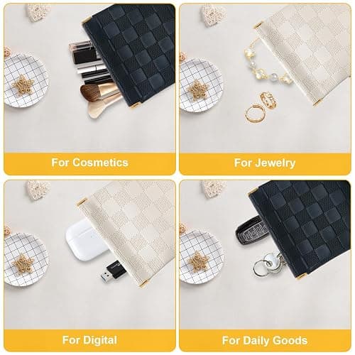 2 PCS Small Makeup Bag for Women, Small Pouches for Purse,Mini Checkered Cosmetic Bag Waterproof Pouch for Travel Storage bag, for Cosmetics Headphones Jewelry Cosmetic Lipstick Coins (Black, Beige) thumbnail 5