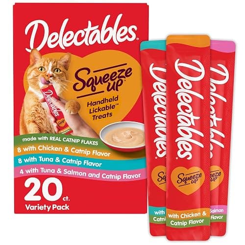 Delectables Squeeze Up Catnip Variety Pack, Creamy Squeezable Puree, Lickable Wet Cat Treats, Grain Free, No Added Fillers, No By-Products, No Added Preservatives, 0.5 Ounces Tube, 20 Tubes Total - Image 1
