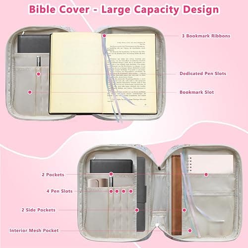 CasaRovela Bible Cover for Women, Large Quilted Case with Handle, Durable Bag and Carrying Case for Girls, Study Supplies Accessories, Christian Gift for Women (Spliced Flower, Spliced Flower) thumbnail 4
