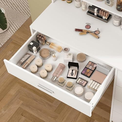 FIONESO Vanity Desk with Mirror and Lights, Makeup Vanity with 5 Drawers and 3 Storage Shelves, 3 Color Modes & Adjustable Brightness Dressing Table, Vanity for Girls, White thumbnail 7