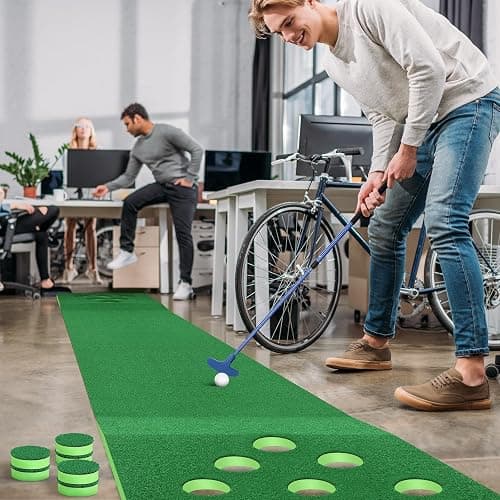 Golf Pong Putting Game Indoor Putting Green 9.8 Ft Golf Pong Mat Set with 2 Putters, 8 Golf Balls, Great Golf Gifts for Backyard Party Office Practice Training, Portable thumbnail 3