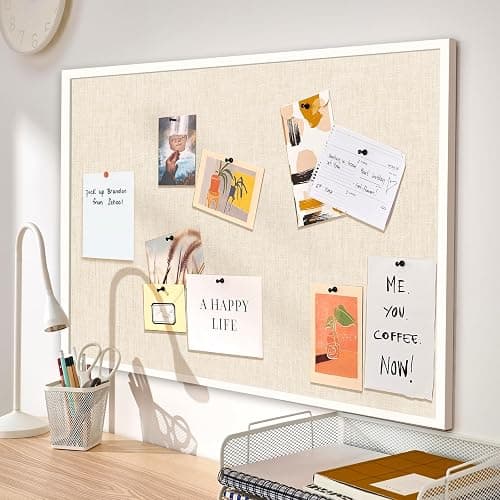 Cork Board with Linen 36x24 inch Bulletin Board Office Decor Hanging Pin Wood Framed Display Picture Vision Board Light for Wall School Office Bedroom (White, 36“×24“) thumbnail 2