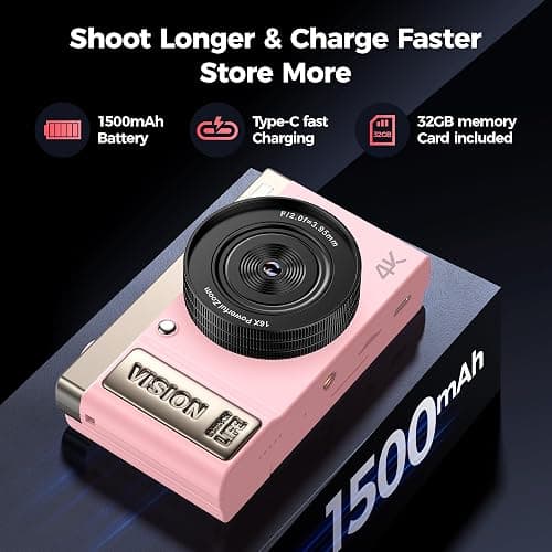 4K Digital Camera Pink for Girls Teens: 64MP Vlogging Camera with Flip Screen - 16X Zoom - Cute Compact Cam for Photography and YouTube – Aesthetic Point and Shoot Gift for Ages 8-18 thumbnail 5