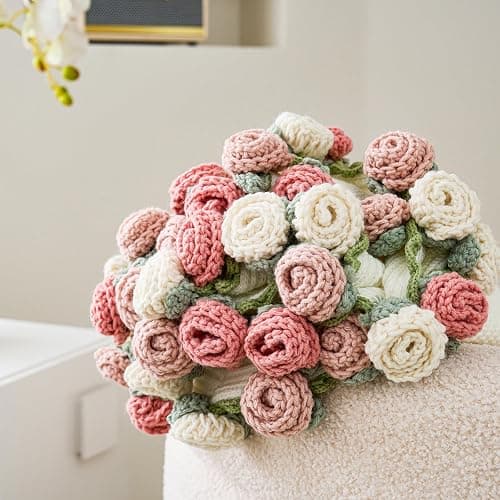 Crochet Flower Bouquet Throw Blanket, Handmade Knitted Blanket with Rose Flowers, Cute Romantic Gift for Her Girlfriend Mom Mother’s Day Valentine Wedding Anniversary Birthday, Pink and White thumbnail 5