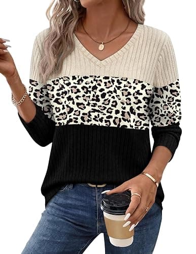 WIHOLL Womens Sweaters Trendy Tops Long Sleeve Shirts Fall Outfits Fashion | 2026 Fall Clothes, V Neck, Color Block, Lightweight, Cute, Soft thumbnail 2