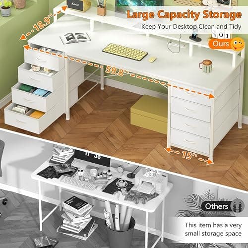 YOMILUVE 60 Inch Computer Desk with 8 Fabric Drawers, Gaming Desk with LED Lights & Power Outlets, Home Office Desk with Monitor Stand, White thumbnail 8