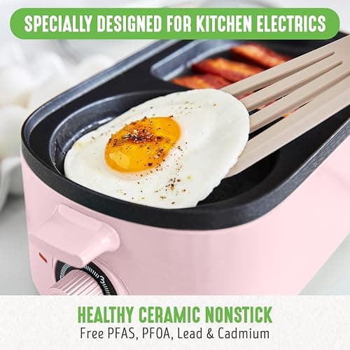 GreenLife 3-in-1 Breakfast Maker Station, Healthy Ceramic Nonstick Dual Griddles for Eggs Meat Sausage Bacon Pancakes and Breakfast Sandwiches, 2 Slice Toast Drawer, Easy-to-use Timer, Pink thumbnail 2