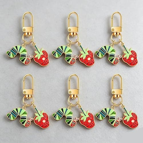WCRAZYE 6PCS Hungry Caterpillar Keychain Brooch Jewelry Set for Women Green Caterpillar Strawberry Apple Teacher Keychains thumbnail 7