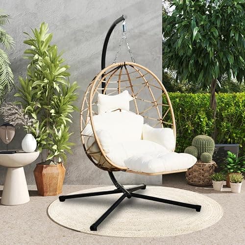 Jadoxy Hanging Egg Chair with Leg Stand, Indoor/Outdoor Swing Egg Chair Hammock Basket Seat Chair with Cushion for Porch Balcony Garden Patio (Ribbon+Rattan, Yellow+White) thumbnail 6