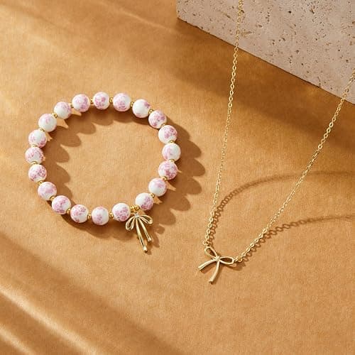 Qiuseadu Bow Bracelet Necklace Set 14K Gold Beaded Bracelet Dainty Bow Pendant Choker Jewelry Gift Set thumbnail 3