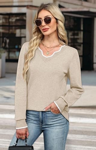OFEEFAN Womens V Neck Sweaters Pullover Cozy Lightweight Sweaters Long Sleeve Tops Fall Outfits 2025 thumbnail 3