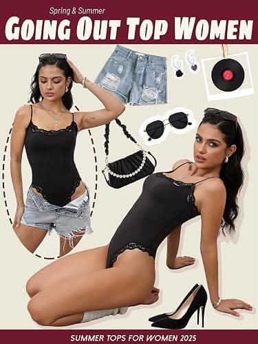 Starrylion Lace Body Suit Square Neck Tops for Women Sleeveless Spaghetti Strap Tank Top Bodysuits for Women Sexy Jumpsuit thumbnail 4