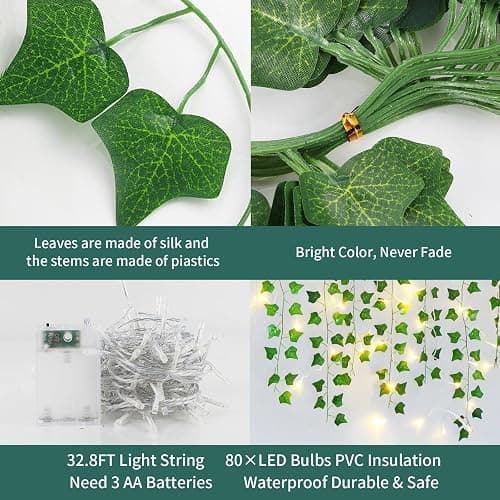 Freyalife Fake Vines for Room Decor(12 Pack 84 FT),with CE Certified 80 LED String Lights,Artificial Plant Ivy for Aesthetic Home Bedroom Wall Wedding Party Office Patio Indoor, Outdoor Garden Décor thumbnail 4