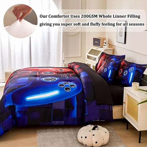 ASKOTU 6 Pcs Full Boys Bedding Set, Red Blue Gamer Comforter Set for Boys with Sheets, Microfiber Geometric Gamer Full Size Bedding Set for Boys - Red-blue - Full-6pcs thumbnail 8