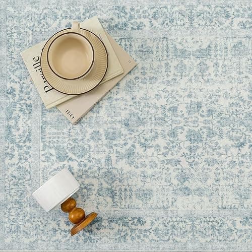 PureCozy Blue Area Rug 5x7 Machine Washable Vintage Living Room Distressed Non Slip Carpet Traditional Indoor Bedroom Retro Floral Accent Throw Large Rug Office Kitchen Bathroom Dining Room | Machine Washable, Non Slip, Blue, Large, Vintage, Traditional, Distressed, Indoor, Retro, Accent thumbnail 7