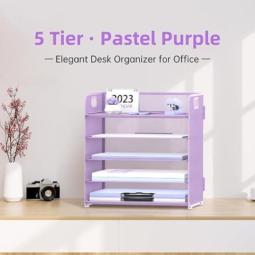 Supeasy 5 Trays Paper Organizer Letter Tray with Handle-Mesh Desk File Holders, Paper Sorter Desk Organizer for Office, Home, Classeoom or School, Purple thumbnail 3