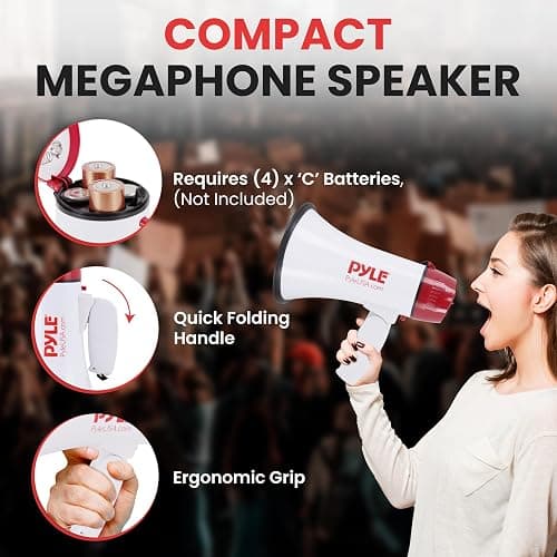 Pyle 20W Megaphone Bullhorn - 5.4'' x 8.6'' Portable Megaphone, Projection Range Up to 1100 Sq. Yards, Voice Talking & Siren Alert, Shoulder Strap, Battery Operated, (White) thumbnail 4