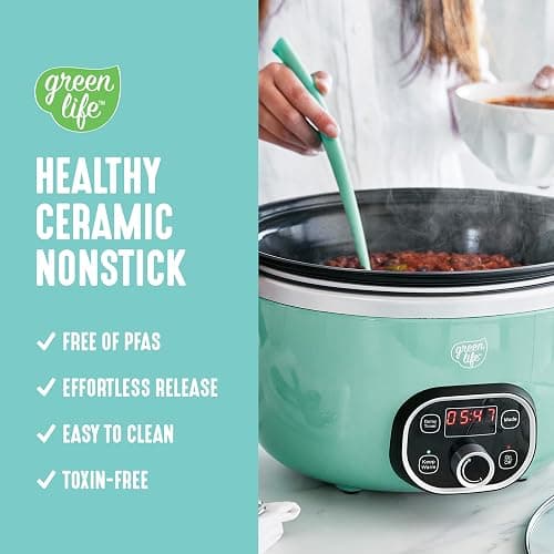 GreenLife 6QT Ceramic Slow Cooker, PFAS-Free, Programmable, Removable Healthy Nonstick Pot for Family Meals, Sear on Stovetop, Keep Warm, Digital Timer, Dishwasher Safe Crock, Turquoise thumbnail 3