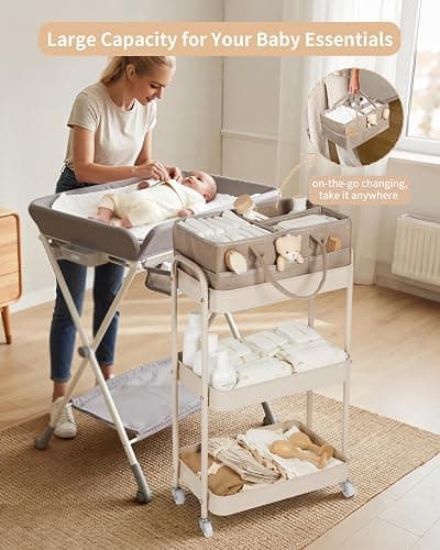 Fortella Nappy Caddy Organizer, 3-Tier Storage Trolley on Wheels, Bedroom Storage Baby Essentials for Newborn Nursery Changing Table, Easy Assembly, Portable Nappy Bag, Bathroom Kitchen Trolley(Brown) thumbnail 3
