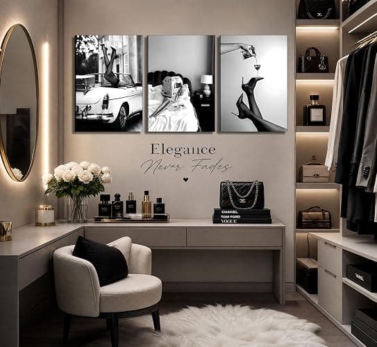 Set of 3 Framed Stylish Women Reading Newspaper Before Bed Wall Art, High Heels Vintage Car Posters, Feminist Black And White Vintage Canvas Prints pictures ， Home living room wall decoration bar cart thumbnail 6