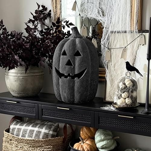 Halloween Decorations Outdoor - Fall Decor - 15" H Black Handmade Terracotta Jack O Lantern Pumpkin - Indoor Outside Gothic Festival House Centerpiece Decoration for Table Garden Living Room Mantel thumbnail 4