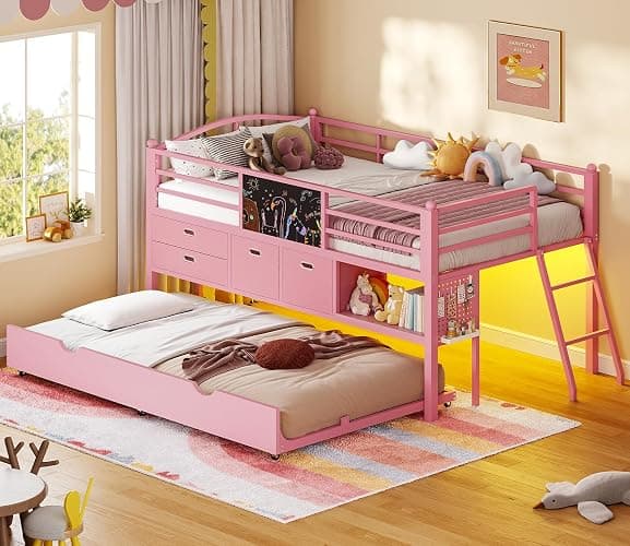 ADORNEVE Low Loft Bed Twin Size with Trundle & LED Lights, Kids Loft Bed with 4 Storage Drawers & Open Cubbies & DIY Pegboard, Twin Loft Bed with Safety Guardrail,Under-Bed Play Zone, Pink - Image 1