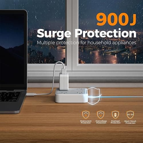 TESSAN Surge Protector Flat Extension Cord 5Ft, Flat Plug Power Strip with 4 Outlets 3 USB Ports (1 USB C), 900 Joules Protection, Multiple Wall Outlet Extender Suitable for Home Office Dorm, Grey thumbnail 2