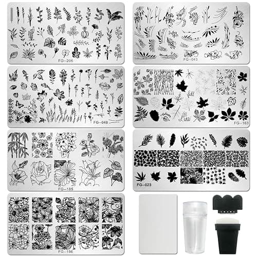 AddFavor Nail Stamper Kit 7pcs Nail Stamping Plates Flower Leaf Maple Nail Stencils with 2 Stamp and 2 Scraper for Home Salon Manicure Design Supplies Tools - Image 1