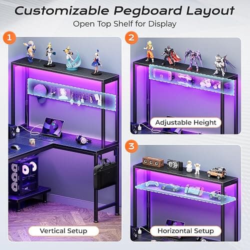 PRAISUN L Shaped Gaming Desk with LED Lights & Power Outlets | Reversible Computer Desk with Storage Shelves & Bag, Large Corner Home Office Desk with Pegboard for Work from Home, Black thumbnail 8
