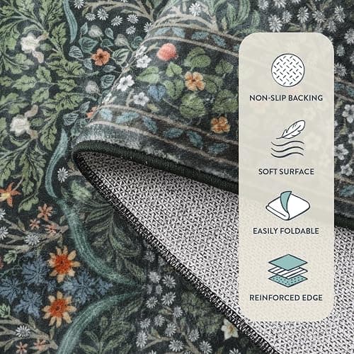 Lahome Floral Dark Green Area Rugs 5x7, Soft Washable Rugs for Living Room Bedroom, Boho Non Slip Low Pile Forest Giverny Carpet for Farmhouse Dining Room Office, Dark Green thumbnail 6
