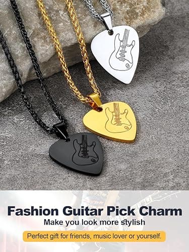 U7 Hip Hop Punk Music Necklace, Guitar Pick/Guitar/Microphone/Headphone Pendant with Chain for Men & Women, Stainless Steel R&B Music Jewelry, Silver/Gold/Black, Customizable thumbnail 7
