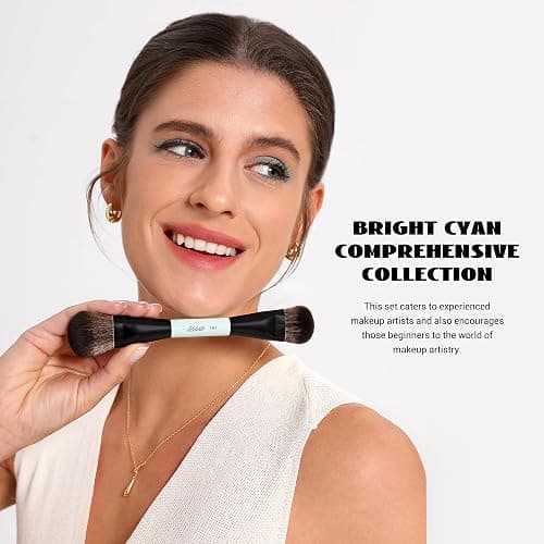 Jessup Makeup Brushes Set 10pcs, Double Sided Foundation Contour Blush Highlight Blending Eyebrow Brush Eyeshadow Eyeliner Concealer Brush, Bright Cyan Cruelty Free Cosmetic Tools T500 - 10pcs-T500 thumbnail 3
