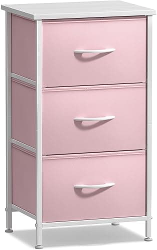 Sorbus Nightstand with 3 Drawers - Bedside Furniture & Accent End Table Chest for Home, Bedroom Accessories, Office, College Dorm, Steel Frame, Wood Top, Pastel Fabric Bins (Pink) thumbnail 7