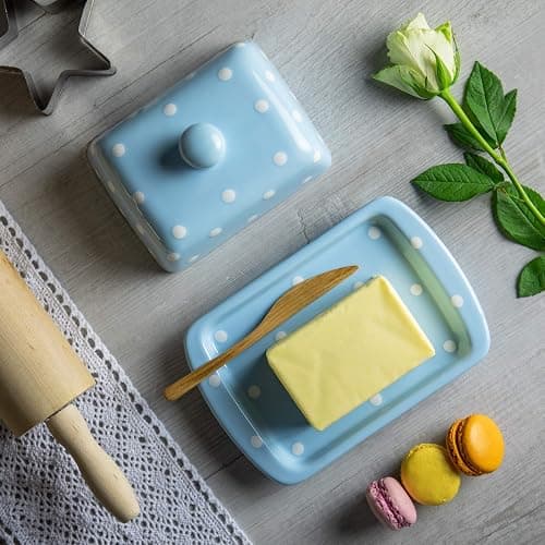 City to Cottage Large Butter Dish with Lid for Countertop, Ceramic Butter Keeper, Butter Container with Knob Handle, Butter Holder Tray with Cover, Handcrafted Sky, Baby Blue Polka Dot Butter Dish thumbnail 5