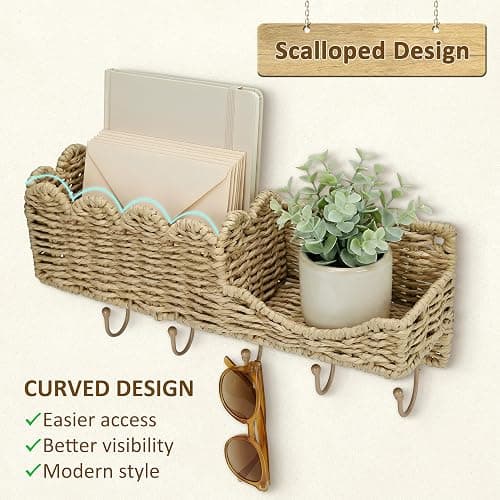 YINGXUN Hook-Woven Wicker Key Holder and Mail Organizer | Natural Paper Rattan Scalloped Wave Design Decorative Wall Mount for Entryway, Living Room, Hallway thumbnail 5