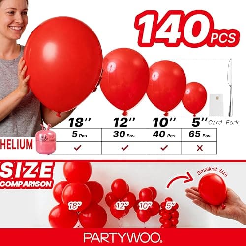 PartyWoo Red Balloons 140pcs Different Sizes of 18 12 10 5 Inch | Balloons for Birthday Graduation Bachelorette Citizenship Anniversary Cherry Casino Theme Party Decorations Red-Y57 thumbnail 6