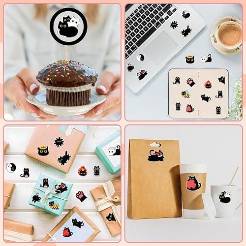 1000Pcs Black Cat Stickers Rolls -16 Patterns Cute Cartoon Cat Stickers, Black Cat Gifts for Adults Kids, Teacher Reward Decals for Water Bottles Laptop Scrapbook thumbnail 5