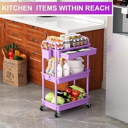 Goovilla 3 Tier Rolling Utility Cart Organizer with Removable Drawer, Stable and Sturdy Purple Rolling Storage Carts with 2 Lockable Wheels for Bathroom, Kitchen, Snack, Craft, Makeup, Baby Essentials thumbnail 7