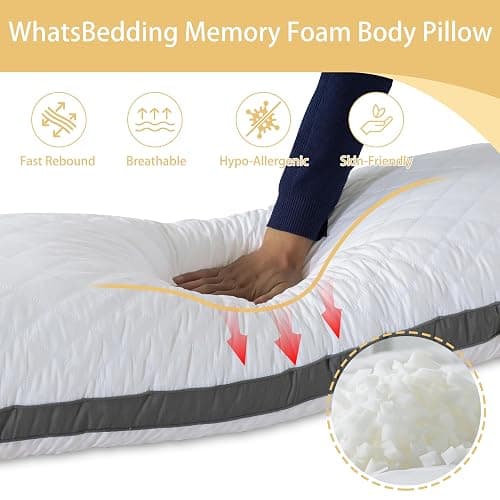 WhatsBedding Memory Foam Body Pillow with Removable Pillowcase-Fluffy Body Pillows for Adults -Large Long Bed Pillows for Sleeping - 20x54 inch, White thumbnail 6