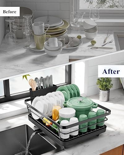Kitsure Dish Drying Rack for Kitchen Counter, Stainless Steel Sink Organization and Storage Essentials with Cutlery Holder, Home and Appartment Decor, 12''W x 15.5''L, Black thumbnail 8