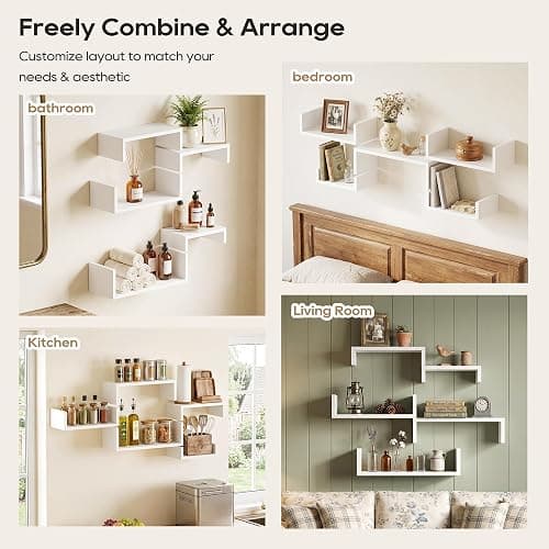 SRIWATANA White Floating Shelves, Set of 5 Solid Wood Wall Mounted Shelves | Sturdy Rustic Wall Organizers in 5-Piece Set; Space-Saving Wood Shelves to Create Custom Gallery Displays for Decor & Storage thumbnail 4
